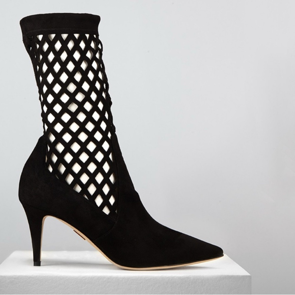 Tamara Mellon Black Suede Mesh Heeled Boots